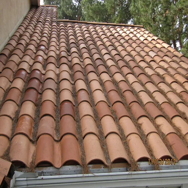 Tree debris collected across a tile roof before cleaning