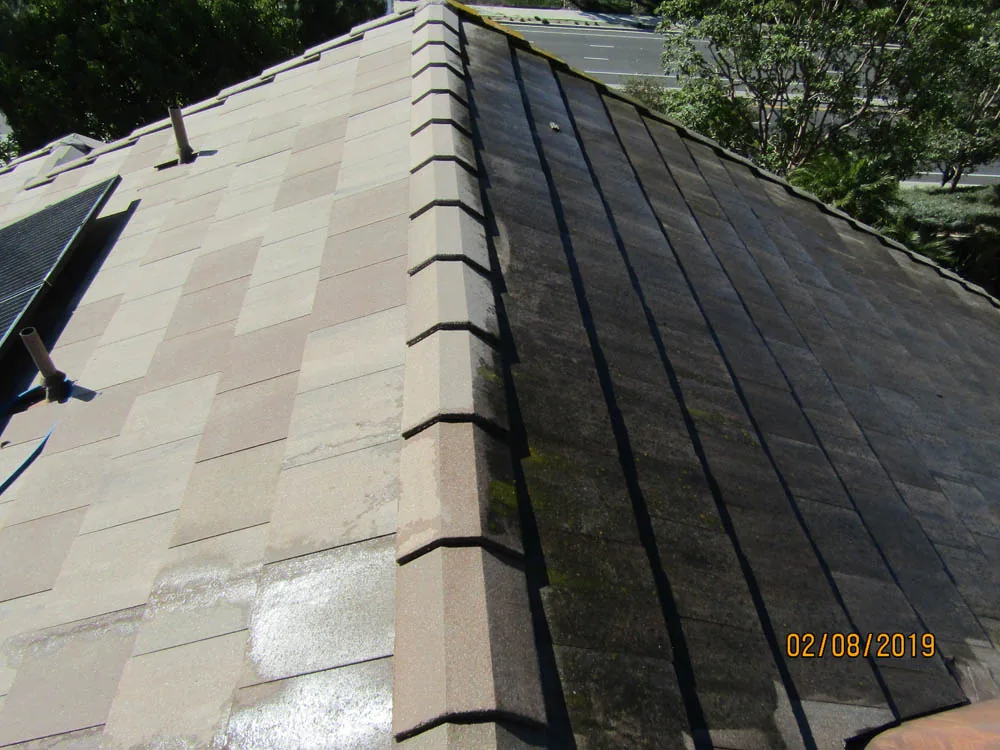 Split before-and-after view of a slate roof